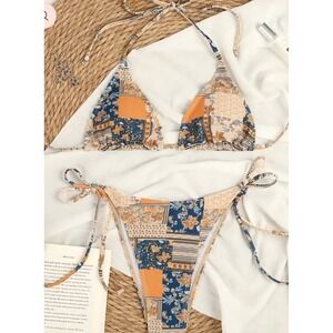 Patchwork Bikini Set‎ Women's XS Triangle Tie String Swimsuit Beachwear
